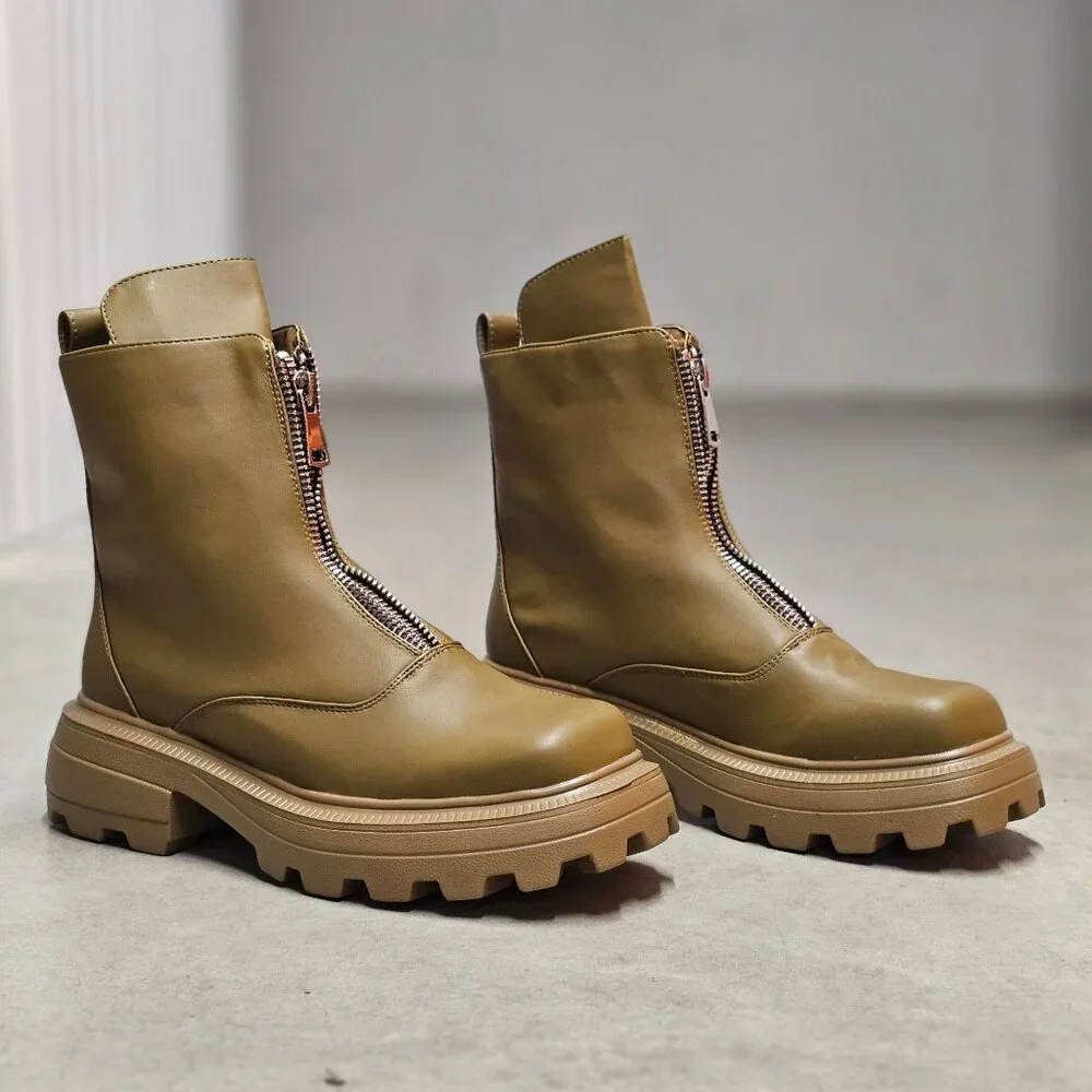 Chunky Sole Olive Green Leather Ankle Boots With Front Zipper And Lug Outsole Fo - Picture 3 of 8